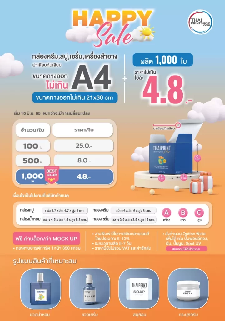 สั่งผลิตกล่องราคาถูก 1000 ใบ ใบละ 4.8 บาท กล่องขนาดกางออกไม่เกิน A4