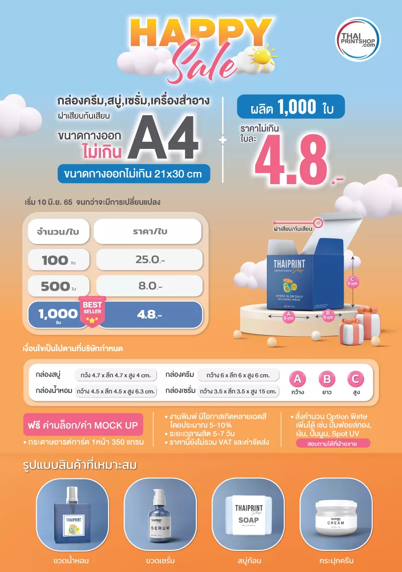 สั่งผลิตกล่องราคาถูก 1000 ใบ ใบละ 4.8 บาท กล่องขนาดกางออกไม่เกิน A4