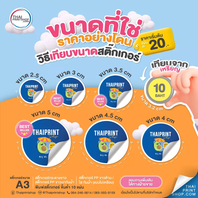 เทียบขนาดสติ๊กเกอร์ A3 สั่งพิมพ์สติ๊กเกอร์ ฉลากสินค้า ขนาดเล็กถึงขนาดใหญ่ ขั้นต่ำ 10 แผ่น