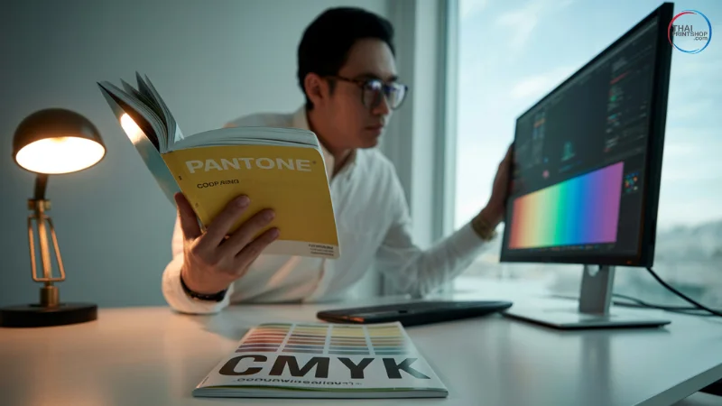 แคตตาล็อกสี Pantone และกระดาษพิมพ์จาก CMYK ให้เห็นความแตกต่างชัดเจน