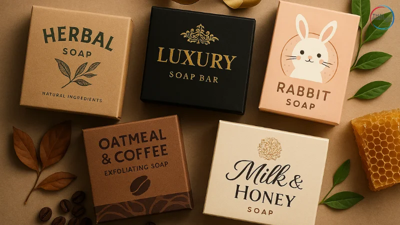 กล่องสบู่แต่ละแบรนด์ (Luxury, Natural, Gift) มีการจัดแสงแบบ mood board