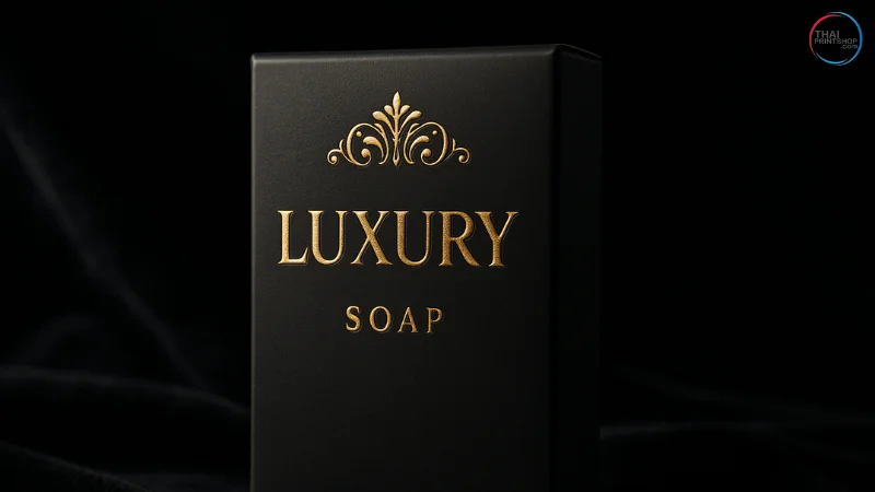 กล่องสบู่พรีเมียม ใช้ฟอยล์ทอง , ปั๊มนูน , เคลือบ Soft Touch