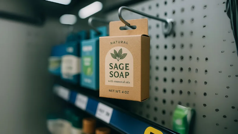 กล่องสบู่สำหรับร้าน มีจุดแขวน มุมชั้นวางหรือ Shelf Mockup