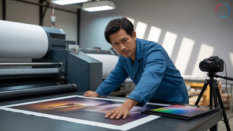 ช่างพิมพ์กำลังตรวจสอบคุณภาพสีจากโปสเตอร์