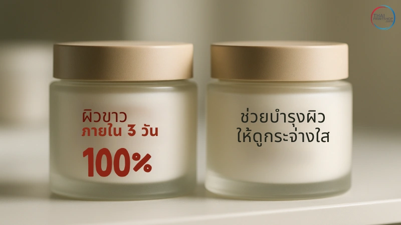 เปรียบเทียบครีม 2 กระปุก ด้านซ้ายมีคำเวอร์ อีกด้านขวาเขียนแบบถูกต้อง